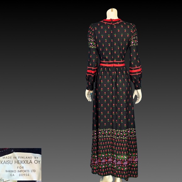 Vintage 1970s Bohemian Black Prairie Folk Dress with Red Trim / S - Picture 7 of 10